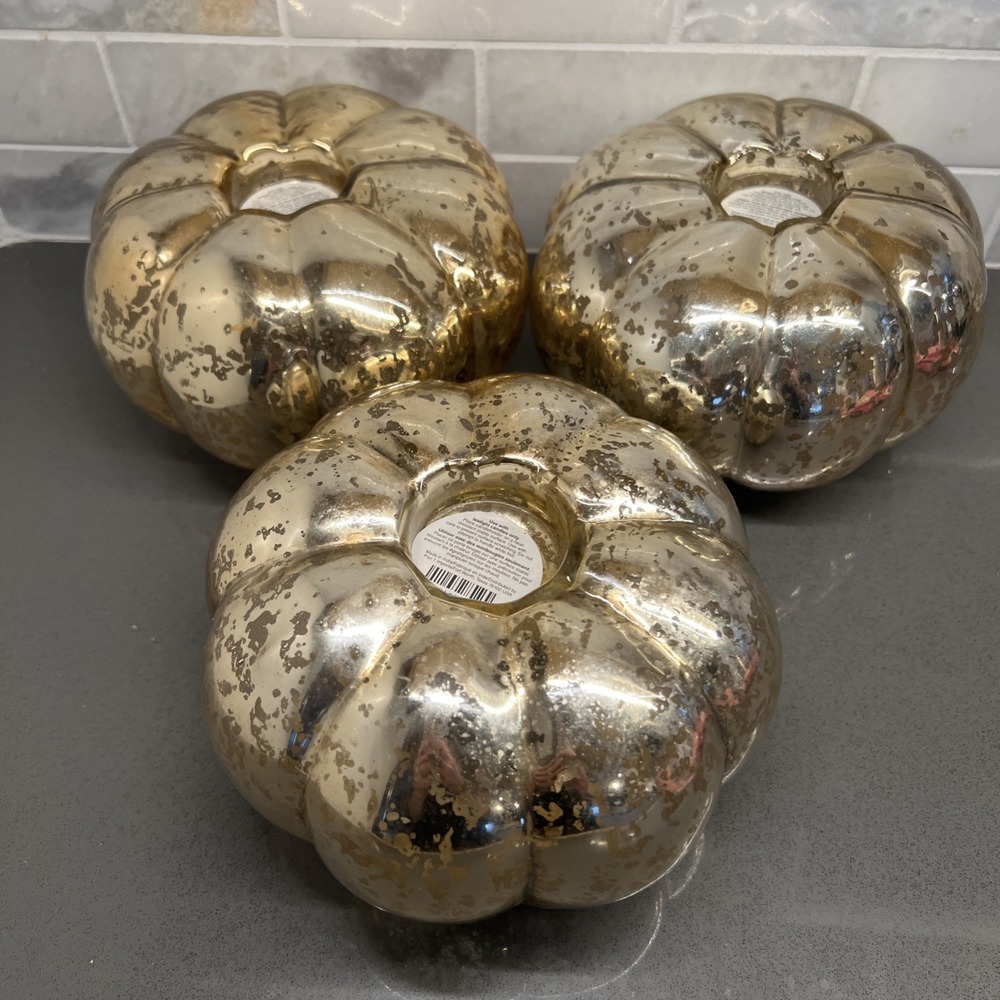 3 vintage style silver mercury glass pumpkin tea lite candle holder 7"x4"